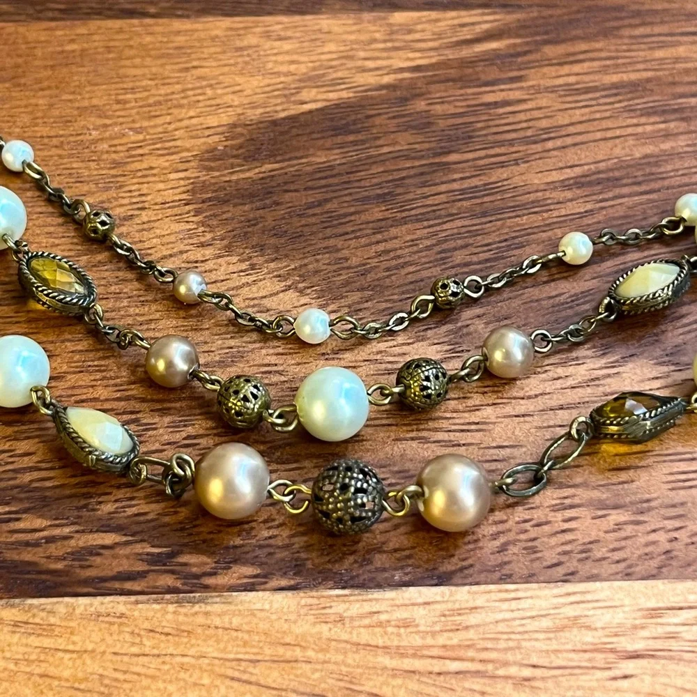 Vintage Opalite Pearl Layered Necklace Boho Romantic Filigree Floral Accent